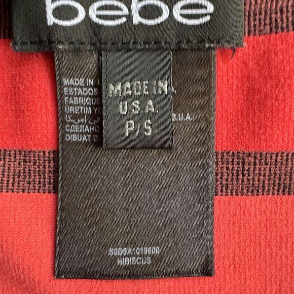 BEBE Dress Size P/S Coral Red Black Stripe Off Shoulder Bodycon Y2K Body Shaping - Picture 6 of 11